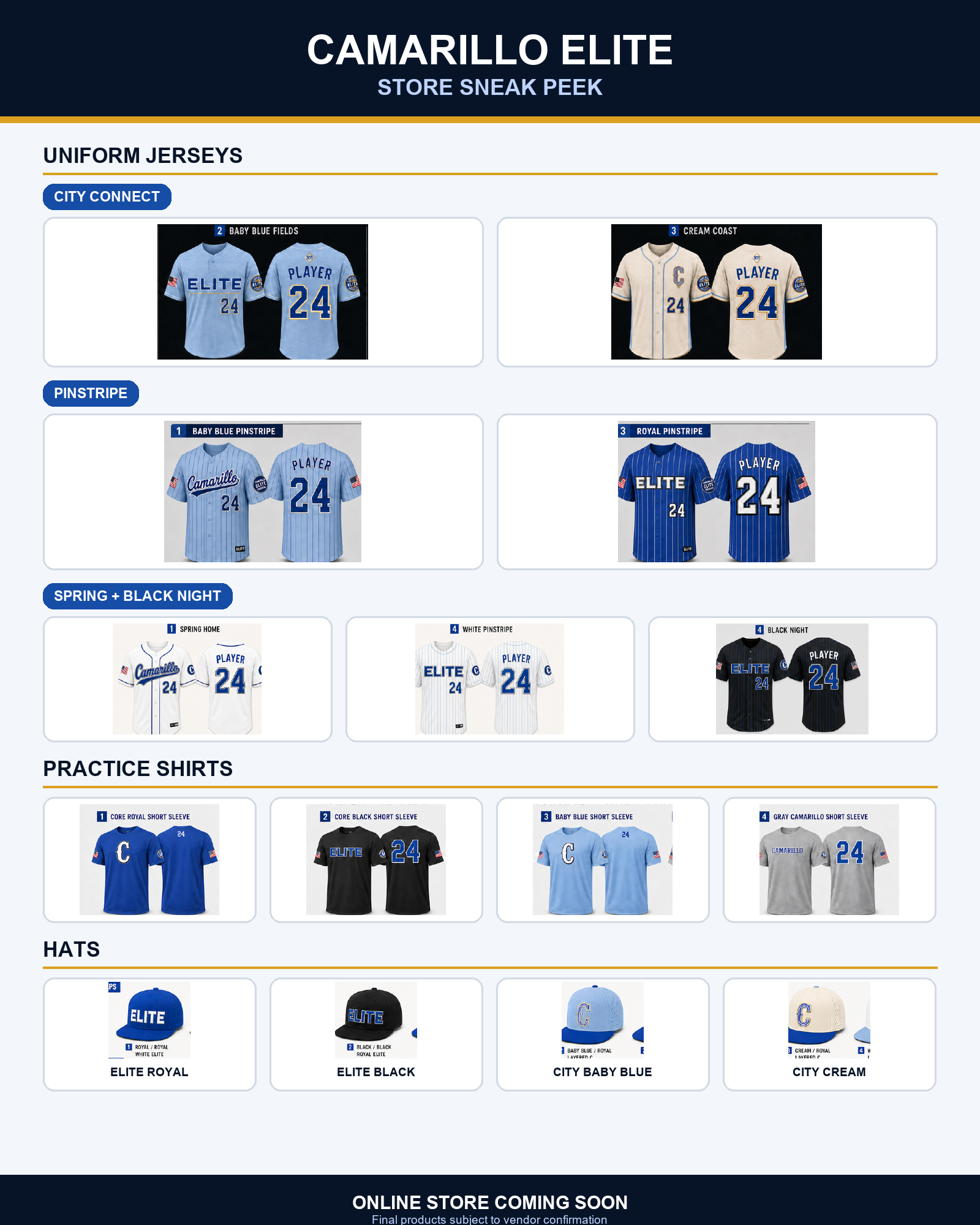Camarillo Elite uniforms, hats, and practice apparel preview